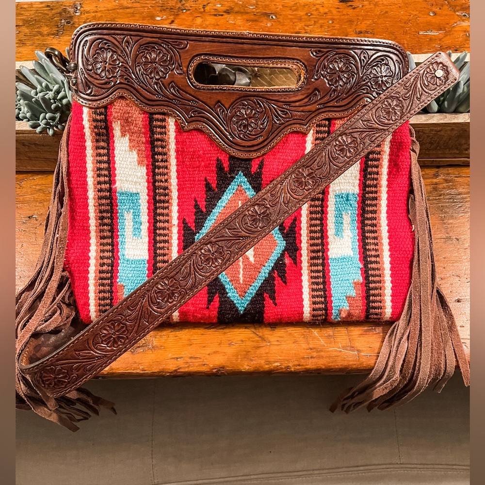 Medium Saddle Blanket Crossbody Bag with a leather Tooled Removable strap